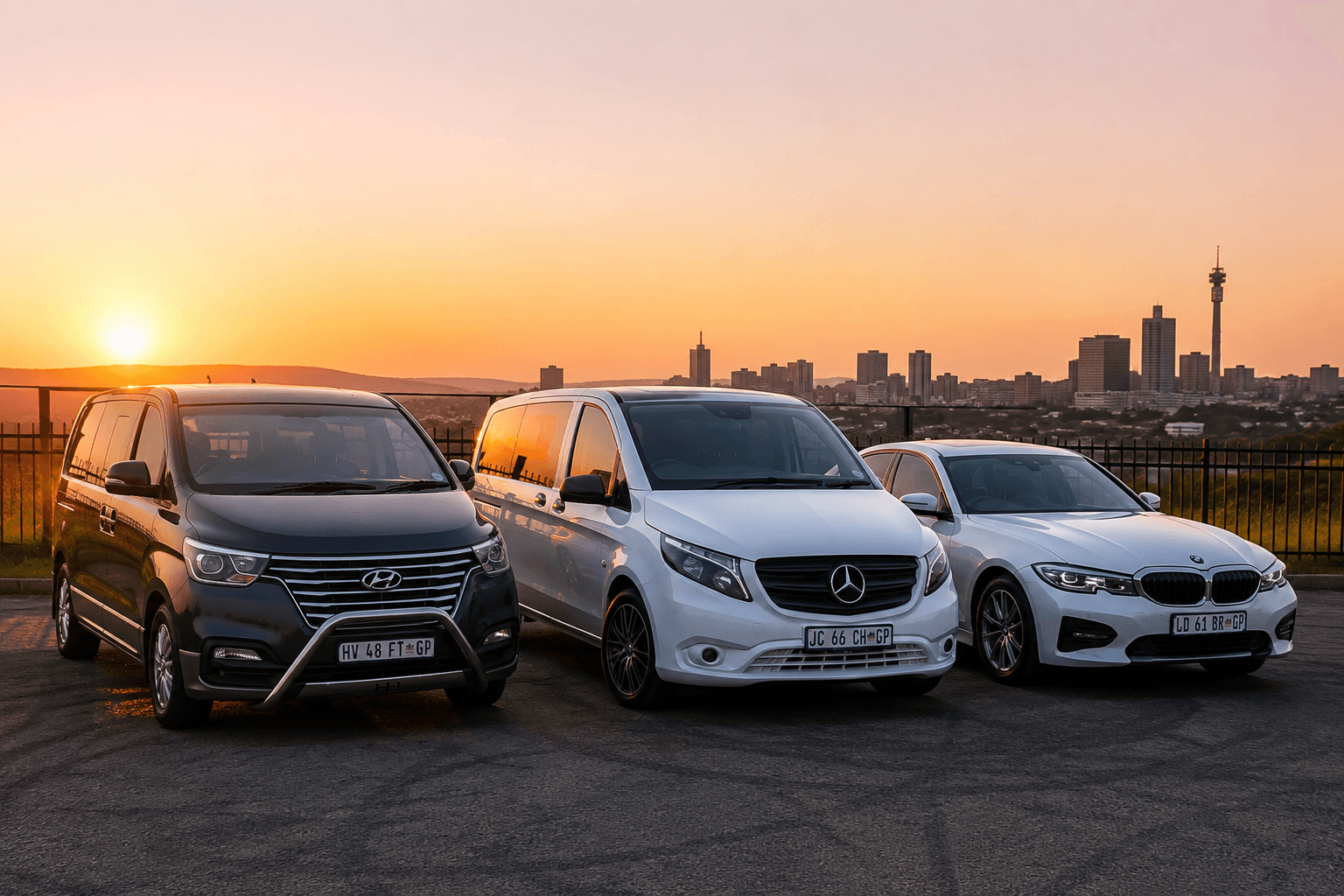 Intercoutra fleet of three vehicles against the Johannesburg skyline